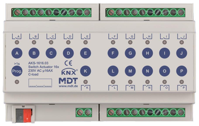 MDT AKS-1616.03 Schaltaktor 16fach 8TE REG 16A 230VAC C-Last Standard