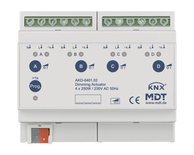 MDT AKD-0401.02 Dimmaktor 4fach 8TE REG 250W 230VAC m.Wirkleistungsmessung