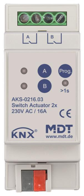 MDT AKS-0216.03 Schaltaktor 2fach 2TE REG 16A 230VAC C-Last Standard